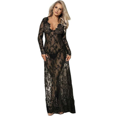 Abito lungo nero sensuale con lacci floreali ed eleganza sublimata